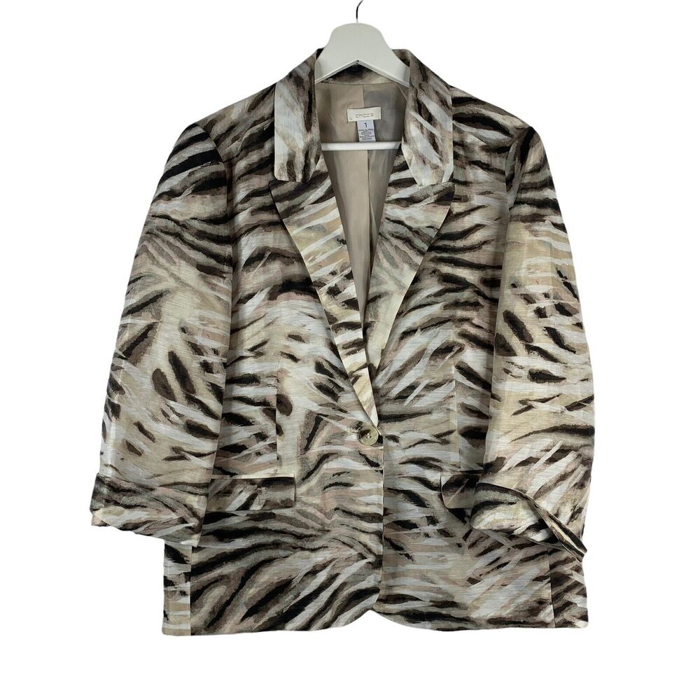 Chico’s Size 1 M Blazer Linen Blend Animal Print Long Sleeve Neutral Jacket Tan